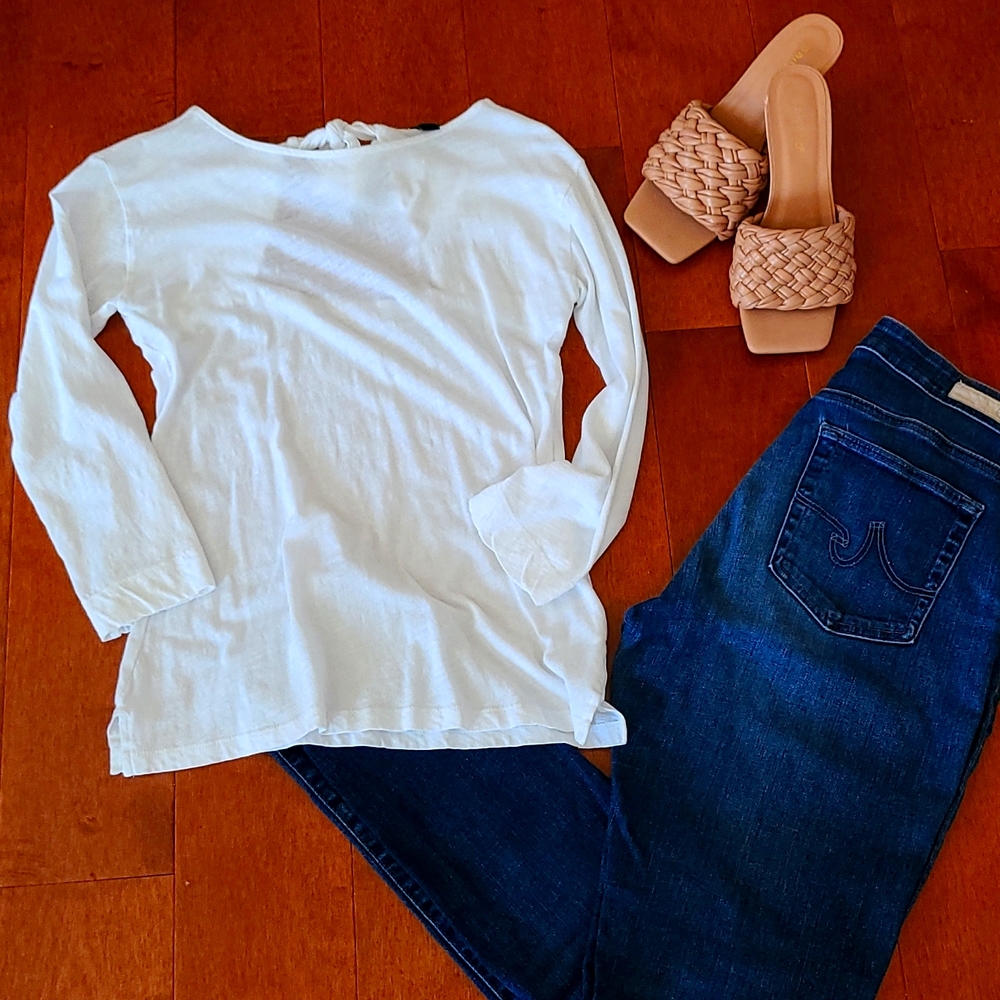 JCrew 3/4 sleeve white top with cute back bow detail.